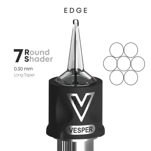 Тату картриджі VESPER EDGE 7RS 0.30 Round Shader Long Taper - 1 Картридж 22489